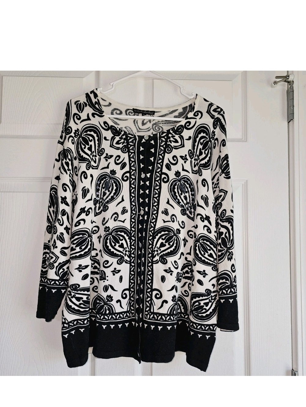 Vintage Pierri New York Black White Paisley Print Cardigan Beaded Embellished 3X